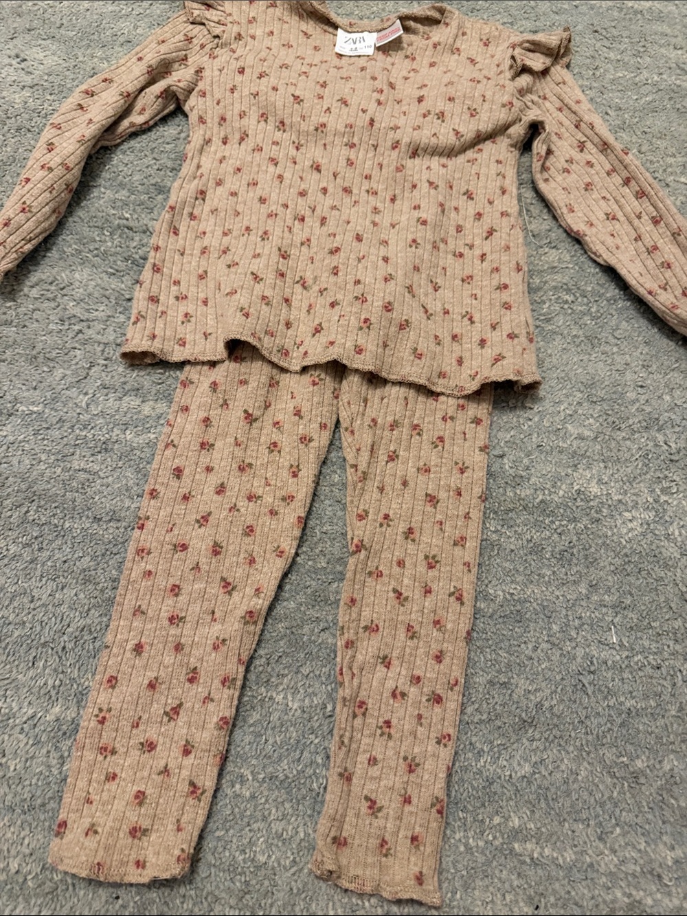 Zara Kids Tan Beige Floral Ribbed Set